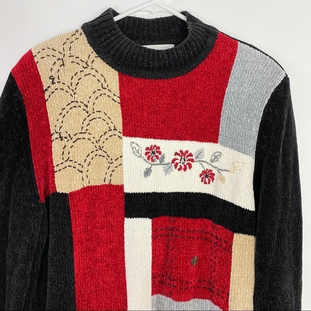 Vintage 90s Chenille Granny Mockneck Pullover Sweater Tunic Women Size Medium - Picture 3 of 12
